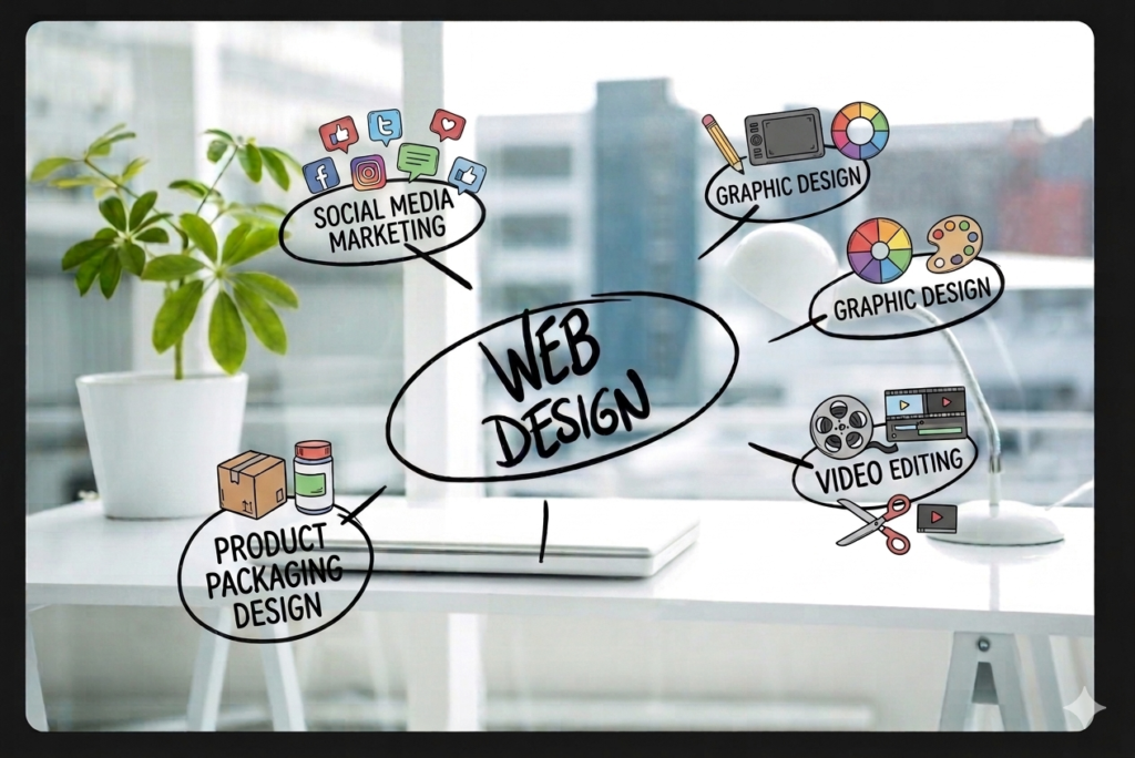 Professional web development services in Saudi Arabia with responsive website design, SEO optimization, graphic design, social media marketing, video editing and product packaging solutions.